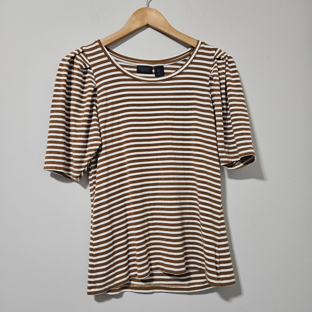 Rachel Rachel Roy Brown White Striped Puff Sleeve Top Modal Knit Shirt Womens M
